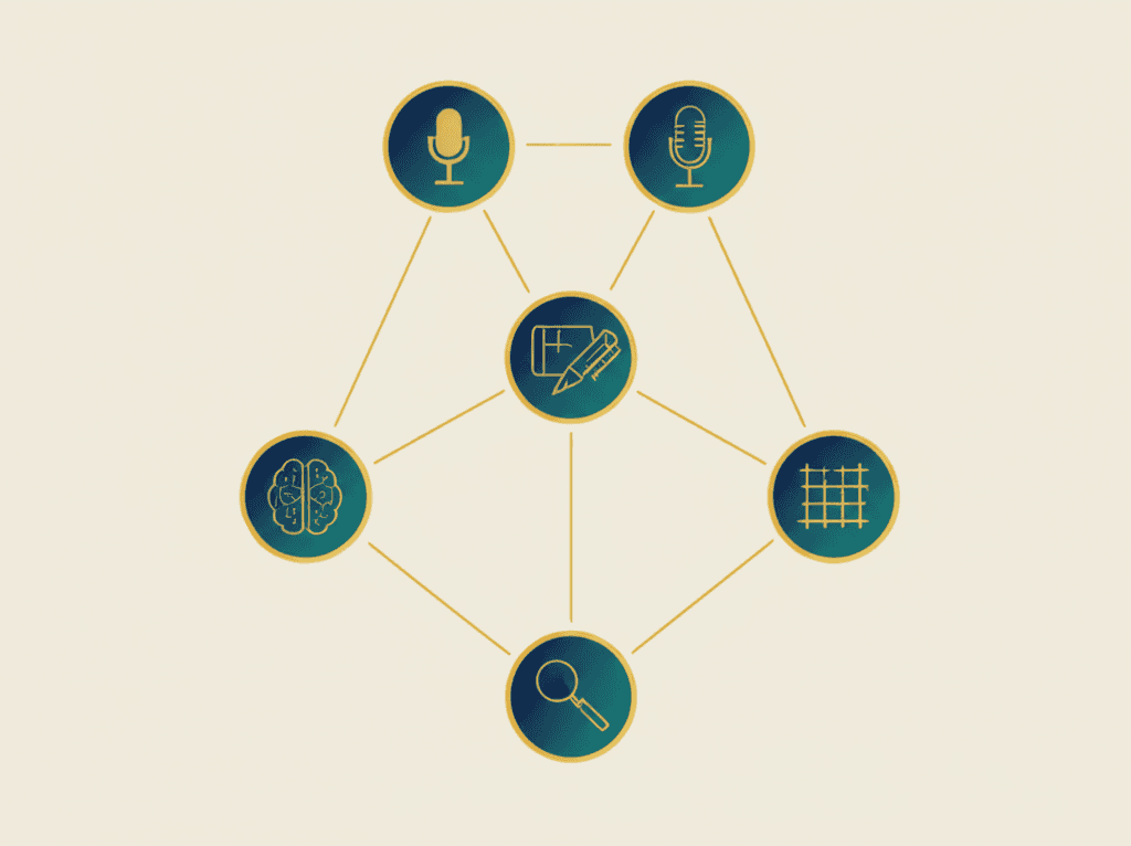 Five interconnected AI intelligence nodes in a constellation pattern