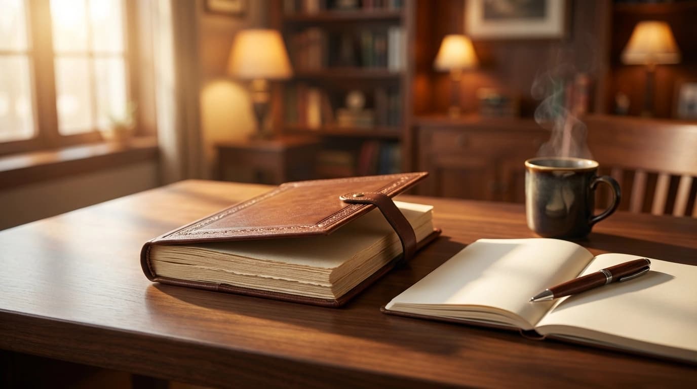 Open doorway with golden light streaming through, leading to a path of books